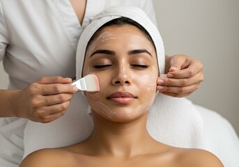 Woman receiving facial treatment with brush