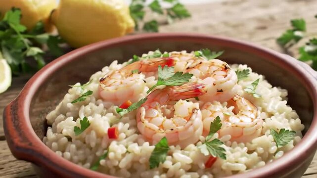 Creamy shrimp risotto in rustic bowl, cinematic orbit and tilt
