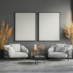 Double blank canvas on wall in modern grey room, perfect for home decor mockup with minimalist and neutral interior style.
