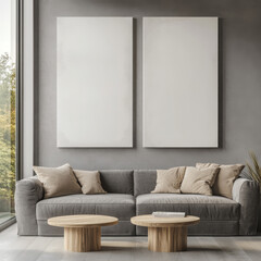 Double blank canvas on wall in modern grey room, perfect for home decor mockup with minimalist and neutral interior style.
