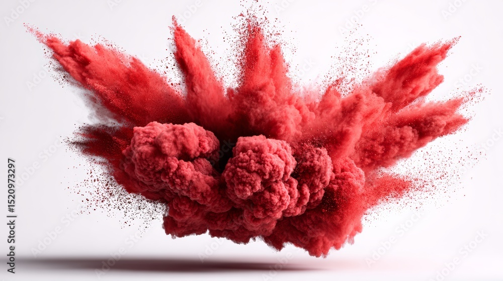 Poster vibrant red powder explosion creating dynamic cloud of color, showcasing motion and energy against a