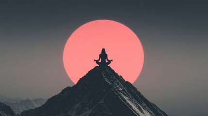 A woman meditating on top of a mountain with a pink sun in the background
