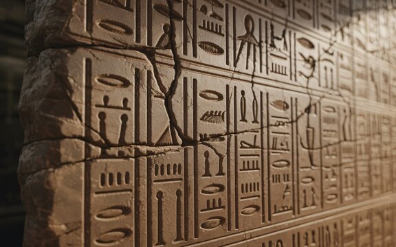 Intricate Egyptian hieroglyphs are carved into stone walls, telling stories of the past. 