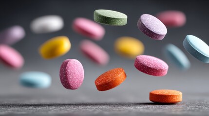 Fototapeta premium Colorful assortment of floating dietary supplements and vitamins in various shapes and sizes, showcasing vibrant hues against a blurred gray background, emphasizing health and wellness concepts