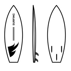 Vector Icon Green surfboard from three viewing sides,
natural color with sleek aerodynamic shape,
line art style
