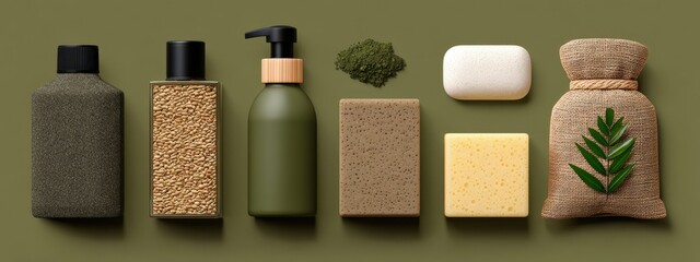 A collection of toiletries and bath products are arranged on a green background