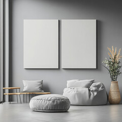 Double blank canvas on wall in modern grey room, perfect for home decor mockup with minimalist and neutral interior style.
