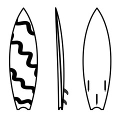 Vector Icon Blue surfboard in full visual display,
seen from front, side, and back,
line art style