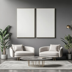 Double blank canvas on wall in modern grey room, perfect for home decor mockup with minimalist and neutral interior style.
