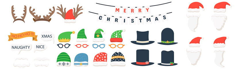 png photo booth props with santa hat red nose paper moustache cartoon reindeer beard antler holiday party element vector illustration christmas celebration sticker craft cute mask detail


