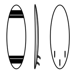 Vector Icon Red surfboard shown from three angles,
front, side, and back with smooth curves,
line art style

