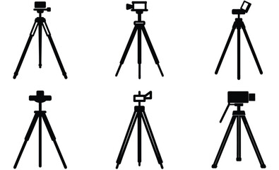 Camera Tripod Silhouette Vector Set – Minimalist Black Photography Stand, Mounts, Stabilizers and Video Equipment Icons