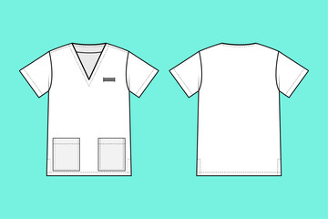 Unisex V neck short sleeve Black and White medical Scrub fashion flat sketch CAD mockup front and back views.
