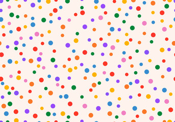 Seamless pattern with colorful polka dots on a white background. Abstract ornament multicolor falling confetti