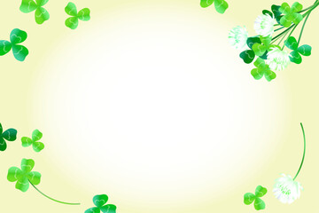 三葉と四葉のクローバーとシロツメクサの花束が飾られたフレーム風背景イラスト（コピースペース・ぼかし）
