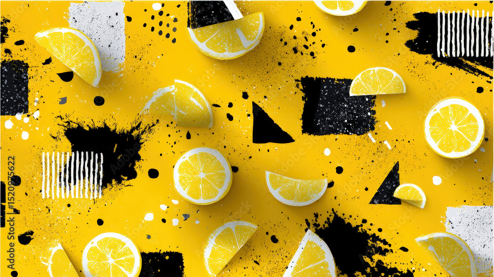 Poster playful abstract pattern with lemon slices and splash effect on vibrant yellow background