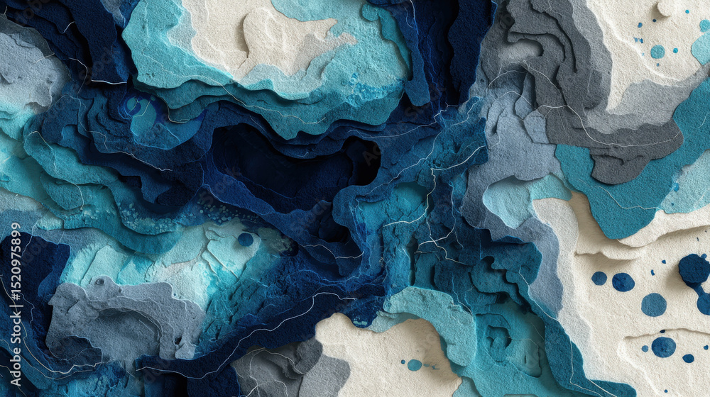 Poster abstract topographic pattern representing sandy ocean with shades of blue and textured layers in a m