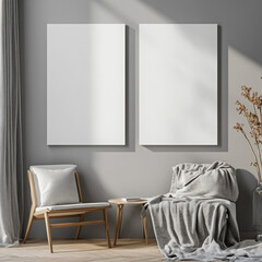 Double blank canvas on wall in modern grey room, perfect for home decor mockup with minimalist and neutral interior style.

