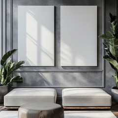 Double blank canvas on wall in modern grey room, perfect for home decor mockup with minimalist and neutral interior style.
