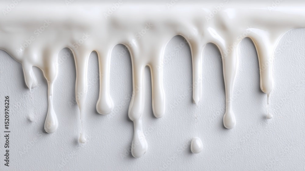 Poster creamy white paint drips down a smooth surface, creating a visually appealing texture with glossy fi