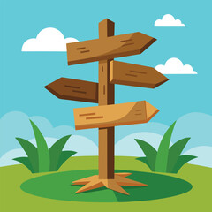 Cartoon Wooden Directional Signpost with Arrows on Green Field against Blue Sky