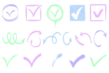 png hand-drawn checkbox and marker elements with pastel stroke check underline wax crayon ellipse fun sketch arrow memo shape chalk x divider bullet quote texture children frame

