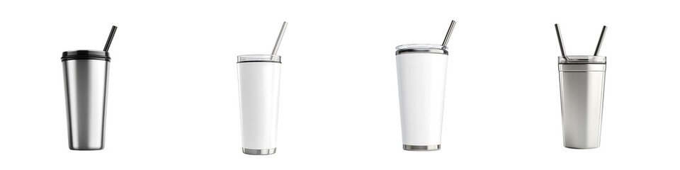 Set of stainless steel tumblers with straws for drinking and beverage storage. Isolated on transparent background.