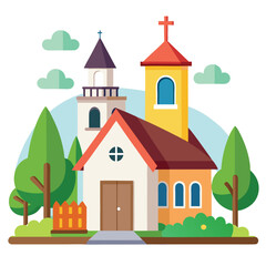Charming Cartoon Church with Tower, Cross, Trees, and Fence Vector Illustration