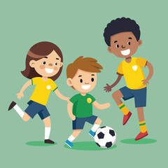 Cheerful Children Playing Soccer Together on Field, Cartoon Illustration, Light Green Background