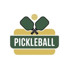Pickleball Logo with Paddles and Banner, Minimal pickleball logo design with crossed paddles, ball, and bold ribbon banner for clubs, gear, and branding use.

