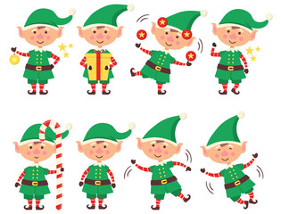 png christmas elf character set with cute dwarf hat cartoon claus helper funny gift decoration children green bag toy celebration retro style isolated icon holiday greeting illustration

