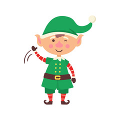 png cute elf character in santa costume with holiday gift bag cartoon dwarf claus boy winter outfit celebration greeting adorable green hat vintage style decoration isolated icon illustration

