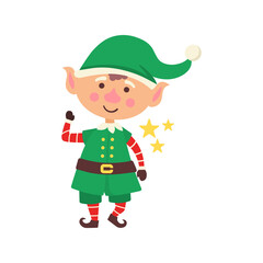 png funny christmas elf with toy box stocking claus helper hat celebration december cheerful assistant cute character retro outfit merry present dwarf children isolated icon fantasy cartoon

