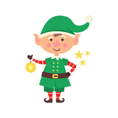 png funny christmas elf with toy box stocking claus helper hat celebration december cheerful assistant cute character retro outfit merry present dwarf children isolated icon fantasy cartoon

