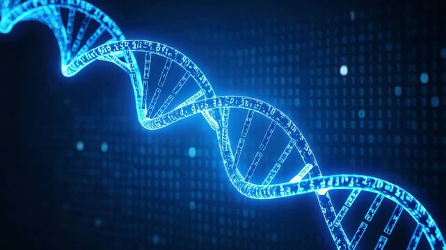 A glowing digital DNA double helix floats against a background of binary code, symbolizing bioinformatics and genetics.