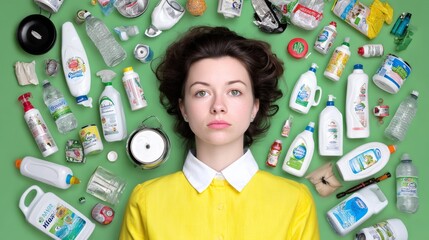 Young woman in yellow shirt surrounded by various cleaning products and waste items, illustrating the impact of consumerism and environmental awareness in a vibrant green setting