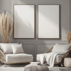 Double blank canvas on wall in modern grey room, perfect for home decor mockup with minimalist and neutral interior style.
