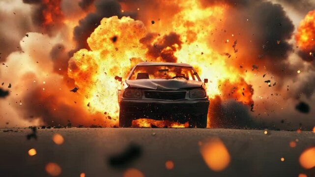 Damaged car driving away from massive fiery explosion with flying debris, smoke, and intense flames creating dramatic action scene full of energy, danger, and crash impact