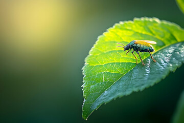 Fototapeta premium Close-up of a vibrant beetle resting on a lush green leaf.