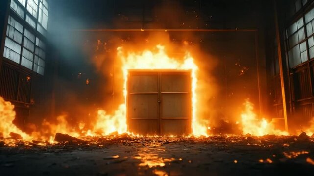 Large metal door engulfed in burning flames and smoke inside dark industrial building with glowing embers, intense heat, explosion danger, and fiery atmosphere