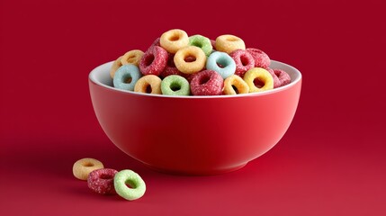 Colorful cereal rings in a bright red bowl, with scattered pieces around, creating a vibrant and playful scene, perfect for breakfast or snack time, evoking a sense of fun and nostalgia