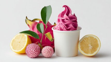 Colorful dessert display featuring vibrant pink soft serve ice cream in a white cup, surrounded by fresh dragon fruit, lychee, and lemon slices, creating a visually appealing and refreshing treat arra