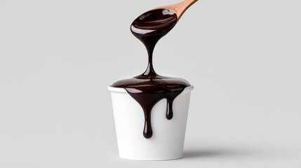 Rich, glossy chocolate sauce is being drizzled from a wooden spoon into a white cup, showcasing the smooth texture and deliciousness of the dessert topping in an appealing culinary setting