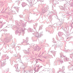 Pink Toile De Jouy Vintage Floral Seamless Pattern 08. Elegant Vector Graphics Print design