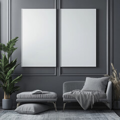 Double blank canvas on wall in modern grey room, perfect for home decor mockup with minimalist and neutral interior style.
