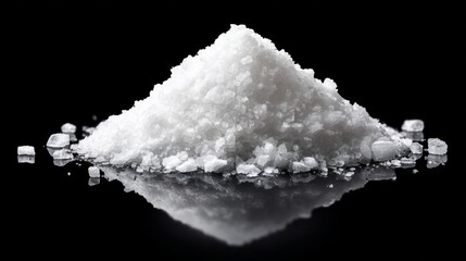 Pile of coarse white salt crystals on a reflective black surface, showcasing the texture and granularity of the salt, creating a striking contrast and emphasizing its culinary and decorative uses