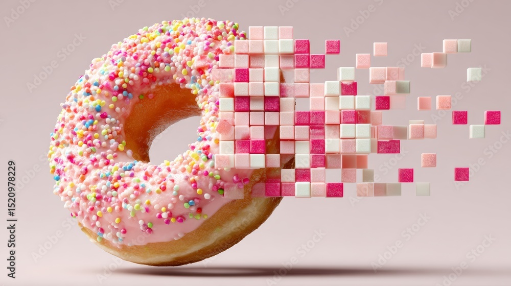 Poster colorful donut with pink icing and sprinkles, visually transforming into pixelated squares, creating