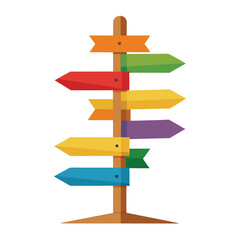 Colorful Directional Sign Post Illustration with Multiple Arrows on Wooden Post