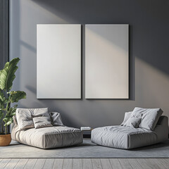 Double blank canvas on wall in modern grey room, perfect for home decor mockup with minimalist and neutral interior style.
