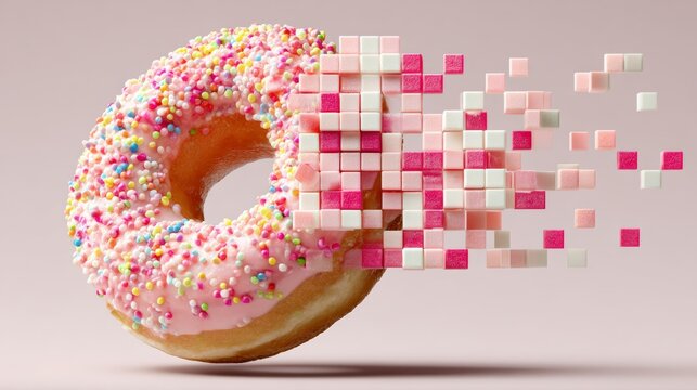 Colorful donut with pink icing and sprinkles, visually transforming into pixelated squares, creating a dynamic and artistic representation of dessert and digital art fusion